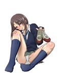  1girl brown_eyes brown_hair chiwa_(1863321) chiwa_(chiwa0617) grin holding holding_shoes necktie original panties school_uniform shoes shoes_removed simple_background skirt smile socks solo underwear 