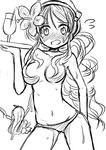  bikini_bottom blush breasts clothes_theft cup flower greyscale hair_flower hair_ornament hibiscus ichimi kantai_collection littorio_(kantai_collection) long_hair medium_breasts monochrome multiple_girls navel open_mouth theft topless tray uzuki_(kantai_collection) very_long_hair wavy_mouth 