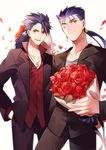  bad_id bad_pixiv_id blue_hair bouquet cu_chulainn_(fate/prototype) dual_persona fate/prototype fate/stay_night fate_(series) flower formal lancer male_focus multiple_boys naoko_(juvenile) ponytail red_eyes suit 