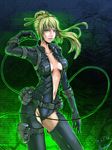  arm_strap bangs belt binary blonde_hair blue_eyes bodysuit breasts breasts_apart cable center_opening cleavage contrapposto cowboy_shot dated floating_hair gloves gradient gradient_background groin hair_bun hair_ornament hair_stick high_ponytail highres holster hoshino_tatsuya lips long_hair looking_at_viewer medium_breasts nancy_lee navel ninja_slayer no_bra number ponytail signature smile solo standing thigh_holster thigh_strap unzipped utility_belt 