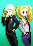  ;) blonde_hair green_background highres kamonan_(pixiv_id_1430057) kasugano_urara_(yes!_precure_5) kise_yayoi looking_at_viewer multiple_girls one_eye_closed police police_nationale_(france) precure salute san_francisco_police_department short_hair simple_background smile smile_precure! standing twintails yes!_precure_5 yes!_precure_5_gogo! 