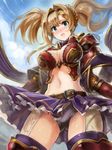  armor belt blonde_hair blue_eyes blush braid breasts edobox frilled_skirt frills from_below granblue_fantasy hairband large_breasts long_hair looking_at_viewer navel open_mouth panties red_armor skirt solo thighhighs twintails underwear zeta_(granblue_fantasy) 