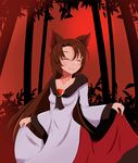  :3 animal_ears bamboo bamboo_forest blush breasts brooch brown_hair closed_eyes collarbone dress forest highres imaizumi_kagerou jewelry long_hair long_sleeves medium_breasts migi_ma_hidari nature solo touhou wolf_ears 