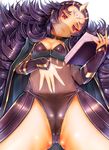  black_hair black_panties book breasts cameltoe cape facial_mark fire_emblem fire_emblem_if forehead_mark frown holding holding_book lips long_hair lying messy_hair nyx_(fire_emblem_if) on_back panties red_eyes see-through small_breasts solo teruru tiara underwear veil very_long_hair 