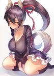  a_(show_by_rock!!) animal_ears black_hair black_legwear blush breasts cleavage covered_nipples fox_ears fox_tail hamuya9 japanese_clothes kimono kimono_skirt kneehighs large_breasts long_hair looking_at_viewer ponytail seiza show_by_rock!! sitting solo tail yellow_eyes 