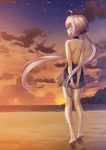  ahoge arms_behind_back bare_back barefoot beach cloud evening from_behind hair_ribbon highres long_hair neck_ribbon nekoyashiki_yayoi outdoors purple_eyes ribbon sand senki_zesshou_symphogear shore silver_hair sky smile solo star_(sky) starry_sky sunset swimsuit twintails water yukine_chris 