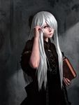  adjusting_hair bangs black_dress book bow brown_eyes dress gothic_lolita hair_bow hair_over_one_eye head_tilt highres holding imai_takahiro lolita_fashion long_hair looking_at_viewer oil_painting_(medium) original photorealistic silver_hair solo 