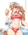  bikini blonde_hair breasts brown_eyes food girls_und_panzer hat ice_cream_cone italia_(kantai_collection) kantai_collection large_breasts littorio_(kantai_collection) looking_at_viewer multiple_girls nksk pepperoni_(girls_und_panzer) sweat swimsuit towel translated 