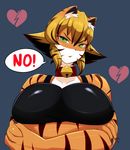  big_breasts blonde_hair breasts cleavage clothed clothing feline female fur green_eyes hair huge_breasts japanese kemono mammal safurantora skimpy tiger tight_clothing 