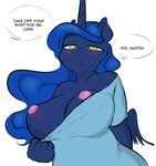  2015 anthro anthrofied big_breasts blue_hair breasts clothed clothing colored dialogue english_text equine female friendship_is_magic glo-in-the-dark hair half-closed_eyes horn huge_breasts hypnosis long_hair mammal mind_control my_little_pony princess_luna_(mlp) simple_background solo text white_background winged_unicorn wings 