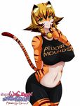  big_breasts blonde_hair breasts clothed clothing covered_nipples feline female fur green_eyes hair japanese kemono mammal safurantora simple_background skimpy smile solo tiger tight_clothing 