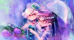  2girls aori_(splatoon) bad_id bad_pixiv_id black_hair breasts brown_eyes cleavage detached_collar domino_mask fangs flower food food_on_head gloves hair_rings hotaru_(splatoon) hydrangea long_hair mask medium_breasts mole mole_under_eye multiple_girls nanai_(771nanai) object_on_head open_mouth pointy_ears rain short_hair splatoon_(series) splatoon_1 sushi symbol-shaped_pupils tentacle_hair umbrella white_gloves white_hair 