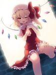  ascot backlighting barefoot blonde_hair bow dress feet flandre_scarlet gengetsu_chihiro hair_bow hat highres looking_at_viewer mob_cap one_eye_closed open_mouth outstretched_foot pov_feet red_dress red_eyes side_ponytail sitting smile soles solo spread_toes toes touhou wings 