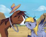  2015 blonde_hair boop brown_hair burn_marks cowboy_hat cutie_mark derpy_hooves_(mlp) desert duo equine female fence friendship_is_magic hair hat horse joyfulinsanity lump male mammal my_little_pony nose_boop nose_kiss outside pegasus pony scorch_marks troubleshoes_(mlp) wings 
