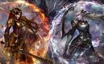  armor armored_dress boots brown_hair cglas diana_(league_of_legends) gauntlets headpiece league_of_legends leona_(league_of_legends) long_hair multiple_girls shield sword watermark weapon web_address white_hair 