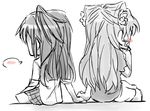  anonymous_drawfag blush chibi from_behind full_body hair_intakes hair_ribbon holding_hands kazanari_tsubasa long_hair maria_cadenzavna_eve multiple_girls one_side_up ribbon senki_zesshou_symphogear simple_background speech_bubble spoken_blush very_long_hair white_background yuri 