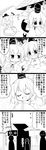  /\/\/\ 2girls 4koma :&lt; absurdres bent_over blush comic commentary dress faceless futa_(nabezoko) ghost_tail greyscale hands_in_opposite_sleeves hat highres implied_pantyshot japanese_clothes kariginu monochrome mononobe_no_futo multiple_girls noren plate ponytail rooftop silhouette soga_no_tojiko spoken_blush tate_eboshi tokin_hat touhou translated wide_sleeves 