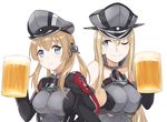  ;) alcohol anchor_hair_ornament bare_shoulders beer beer_mug bismarck_(kantai_collection) black_ribbon blonde_hair blue_eyes breasts cup hair_ornament hair_ribbon hat holding holding_cup ido_(teketeke) kantai_collection large_breasts locked_arms long_hair long_sleeves military military_uniform mug multiple_girls one_eye_closed peaked_cap prinz_eugen_(kantai_collection) ribbon sideboob simple_background smile twintails uniform upper_body white_background 