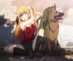  1girl bandaid bent_knees blonde_hair blue_eyes boots camisole charlotte charlotte_(anime) dog female long_hair na-ga nishimori_misa nishimori_yusa screencap shorts side_ponytail sitting sleeveless stitched tying_hair 