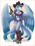  anyare avian beak bird cleavage clothed clothing cowboy_hat cowgirl female gun handgun hat looking_at_viewer pistol ranged_weapon skimpy solo weapon wings 