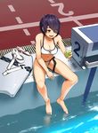  :d barefoot breasts checkered cleavage commentary_request cup drink eyepatch holding kantai_collection kickboard medium_breasts navel open_mouth pool poolside purple_hair sandals satsuki_neko shoes_removed short_hair sitting smile solo starting_block tenryuu_(kantai_collection) water 