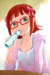  amami_haruka bow brown_hair dated drinking glasses green_eyes hair_bow hair_ribbon hood hoodie idolmaster idolmaster_(classic) nagian open_clothes open_hoodie ramune red-framed_eyewear ribbon solo 