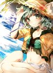  alternate_costume bad_id bad_pixiv_id breasts cleavage crop_top cropped_jacket day green_eyes green_hair hat heart heart-shaped_pupils highres jacket komeiji_koishi light_smile looking_at_viewer midriff outdoors sarong short_sleeves sitting small_breasts solo straw_hat sweetroad symbol-shaped_pupils third_eye touhou yellow_jacket 