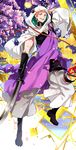  beads black_gloves cherry_blossoms full_moon gloves grin highres hood iwatooshi japanese_clothes kingchenxi male_focus moon naginata orange_eyes orange_hair petals polearm sharp_teeth smile solo teeth touken_ranbu weapon 