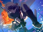  black_legwear blood explosion eyepatch grin headgear kantai_collection makoto_osamu necktie purple_hair red_eyes short_hair smile solo sword tenryuu_(kantai_collection) thighhighs water weapon 