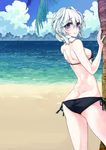  :t alternate_costume alternate_hairstyle ass bad_id bad_nicoseiga_id bikini blue_bikini blue_eyes braid breasts day from_behind hair_between_eyes highres izayoi_sakuya looking_at_viewer medium_breasts outdoors pout short_hair side-tie_bikini sideboob silver_hair single_braid solo swimsuit touhou xingjinmeijian 