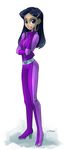  black_hair bodysuit hair_ornament hairclip latex latex_suit lips looking_at_viewer mandy_(totally_spies) purple_eyes simple_background solo totally_spies 