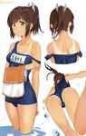  ass back bare_shoulders breasts brown_eyes brown_hair floating_hair i-401_(kantai_collection) isshiki_(ffmania7) kantai_collection one-piece_swimsuit ponytail school_swimsuit school_uniform short_hair short_ponytail simple_background small_breasts smile solo strap_slip swimsuit tan tanline wading white_background 