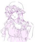  blush breasts cleavage collarbone hat large_breasts long_hair looking_at_viewer maribel_hearn mitsumoto_jouji mob_cap monochrome nightgown playing_with_own_hair solo touhou 