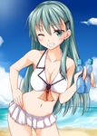  beach bikini bikini_skirt blue_sky bottle breasts cleavage cloud collarbone contrapposto day green_eyes green_hair grin hair_ornament hairclip hand_on_hip kantai_collection kue large_breasts long_hair navel one_eye_closed open_mouth outdoors ramune silver_hair sky smile solo standing suzuya_(kantai_collection) swimsuit white_bikini 