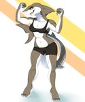 anthro blue_eyes blush clothed clothing female fish fivel flexing marine muscles shark solo 