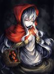  alternate_costume basket commentary_request dress fire highres hood kagerou_project kajaneko kozakura_marry little_match_girl long_hair matches pale_skin parody red_eyes red_hood smile solo 