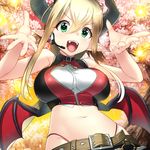  :d bare_shoulders belt blonde_hair breasts demon_girl demon_wings fangs from_below green_eyes hair_between_eyes headset highleg highleg_panties highres horns large_breasts navel open_mouth original outstretched_hand panties pointy_ears sidelocks smile solo string_panties underwear wings yamacchi 