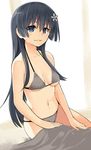  bikini black_hair blue_eyes breasts flower grey_bikini hair_flower hair_ornament halterneck kawakami_masaki long_hair navel parted_lips saten_ruiko sitting small_breasts smile solo string_bikini swimsuit to_aru_kagaku_no_railgun to_aru_majutsu_no_index 