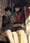  ^_^ black_hair blue_eyes cat closed_eyes double-breasted furutachirikonbu horikawa_kunihiro izumi-no-kami_kanesada japanese_clothes male_focus multiple_boys open_mouth sitting smile touken_ranbu 