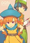  1girl 33333_33333 alena_(dq4) aqua_hair belt black_eyes clift copyright_name dragon_quest dragon_quest_iv earrings gloves hands_on_hips hat jewelry long_hair looking_at_viewer orange_hair pink_eyes short_hair simple_background smile 