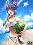  bikini eyepatch food fruit headgear highres kantai_collection kurarin necktie purple_hair short_hair solo swimsuit sword tenryuu_(kantai_collection) watermelon weapon yellow_eyes 