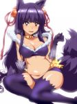  animal_ears bell bikini blush breasts cleavage commentary_request elbow_gloves erune gloves granblue_fantasy hair_bell hair_ornament hyudora large_breasts long_hair navel open_mouth purple_bikini purple_gloves purple_hair purple_legwear red_eyes smile solo sweat swimsuit tail thighhighs very_long_hair wolf_ears wolf_tail yuel_(granblue_fantasy) 