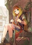  bad_id bad_pixiv_id basket blonde_hair boots bracelet braid building green_eyes hair_over_shoulder half-timbered jewelry looking_at_viewer necklace original outdoors sitting solo tomioka_jirou twin_braids white_sky 