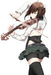  back bike_shorts black_legwear brown_hair closed_eyes headband headgear hews_hack highres instrument kantai_collection music playing_instrument revealing_clothes short_hair skirt solo taihou_(kantai_collection) thighhighs violin white_background 