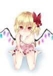 absurdres alternate_costume ankle_cuffs asymmetrical_hair asymmetrical_wings bare_legs bare_shoulders barefoot blonde_hair breasts dress flandre_scarlet food from_above hair_between_eyes hair_ribbon highres ice_cream jewelry looking_at_viewer red_eyes ribbon shisuo short_dress short_hair side_ponytail sitting small_breasts solo strap_slip touhou wings 