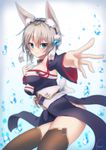  anastasia_(idolmaster) animal_ears blue_eyes breasts detached_sleeves highres idolmaster idolmaster_cinderella_girls japanese_clothes medium_breasts piripun short_hair silver_hair smile solo thighhighs 