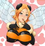  2015 arthropod bee big_breasts black_nipples black_skin blonde_hair blush breasts bust female fur grey_eyes hair honey human insect lips looking_at_viewer mammal messy nipples orange_skin short_hair smile solo stormfeder teeth tongue tongue_out white_fur wings 