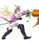  1boy alternate_costume animal_ears back blonde_hair boots bunny bunny_ears bunny_tail cape carrot fire_emblem fire_emblem_heroes fire_emblem_if flower full_body gloves hat highres injury leaf male_focus marks_(fire_emblem_if) nintendo official_art red_eyes suekane_kumiko tail teeth tiara torn_clothes transparent_background 