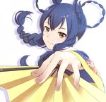  alternate_hairstyle angelic_angel bangs blue_hair braid closed_mouth commentary_request egooo face fan flower folding_fan hair_between_eyes hair_rings holding holding_fan long_hair looking_at_viewer love_live! love_live!_school_idol_project simple_background smile solo sonoda_umi white_background yellow_eyes 