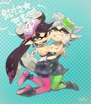  2girls :d aori_(splatoon) ass black_hair blue_background brown_eyes detached_collar domino_mask dress earrings fangs food food_on_head gloves green_legwear grey_hair grin hair_rings hand_on_another's_cheek hand_on_another's_face hotaru_(splatoon) jewelry kneeling mask mojaranmo mole mole_under_eye multiple_girls object_on_head open_mouth pantyhose pointy_ears purple_legwear short_jumpsuit smile splatoon_(series) splatoon_1 star strapless strapless_dress sushi symbol-shaped_pupils tentacle_hair unitard white_gloves 